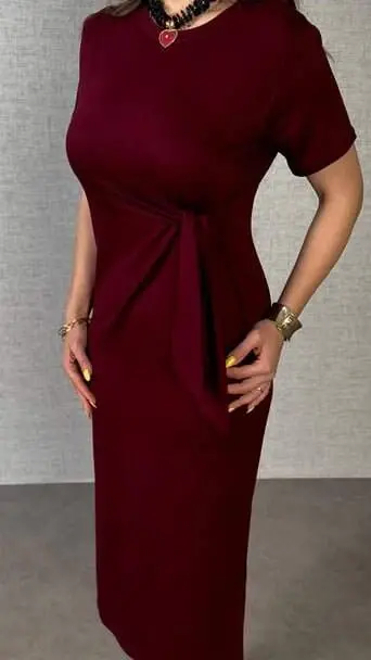 Women's Short Sleeve Crew Neck Side Tie Viscose Two Thread Dress - 11