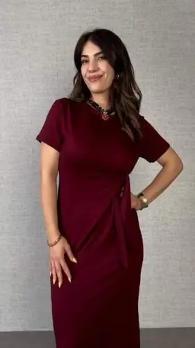 Women's Short Sleeve Crew Neck Side Tie Viscose Two Thread Dress - 12