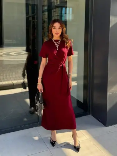 Women's Short Sleeve Crew Neck Side Tie Viscose Two Thread Dress - 1