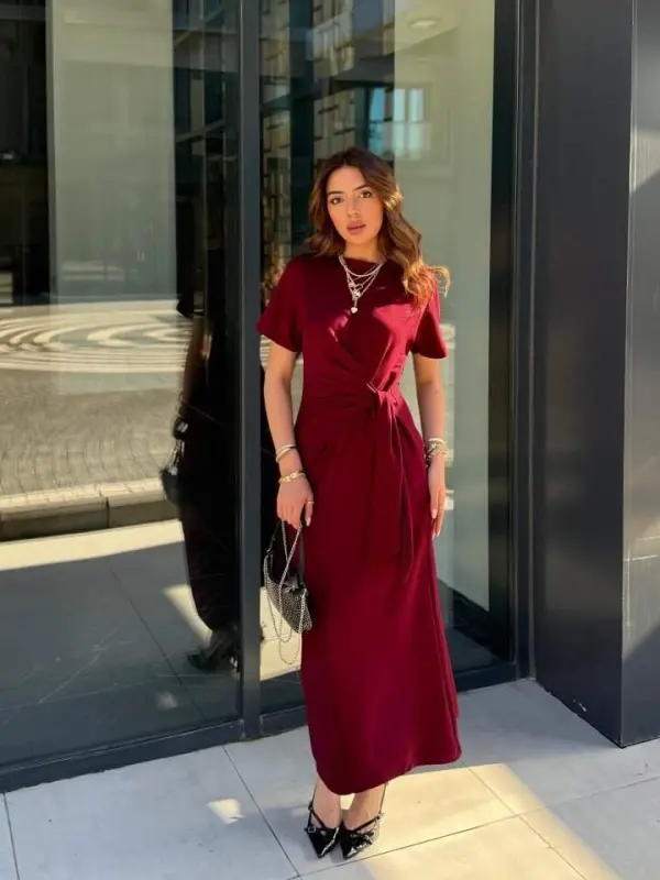 Women's Short Sleeve Crew Neck Side Tie Viscose Two Thread Dress - 2