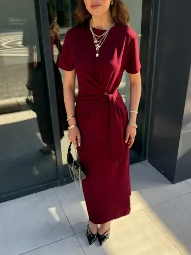 Women's Short Sleeve Crew Neck Side Tie Viscose Two Thread Dress - 3