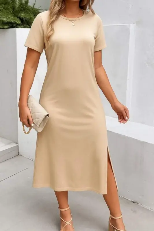 Women's Short Sleeve Crew Neck Slit Side Viscose Dress - BÜYÜKBEDENIZ