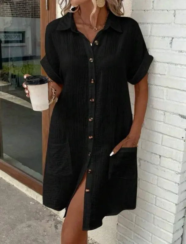 Women's Short Sleeve Crew Neck Slit Side Viscose Midi Dress - 1