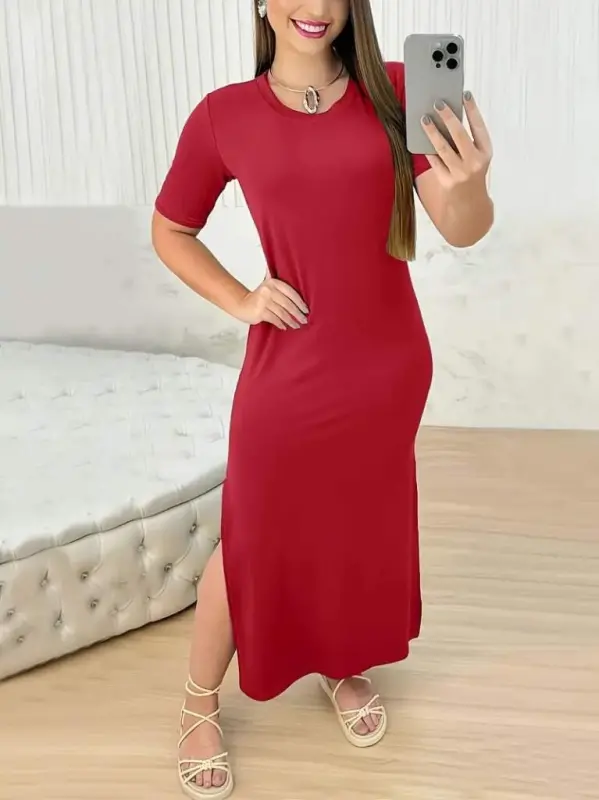 Women's Short Sleeve Crew Neck Slit Viscose Dress - 10