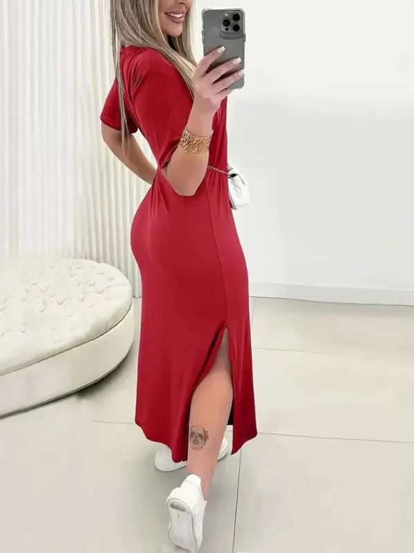 Women's Short Sleeve Crew Neck Slit Viscose Dress - 2
