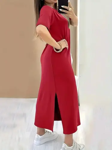 Women's Short Sleeve Crew Neck Slit Viscose Dress - 4