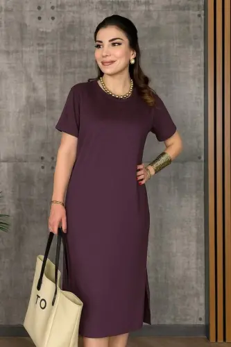 Women's Short Sleeve Crew Neck Slit Viscose Two Thread Dress - 1