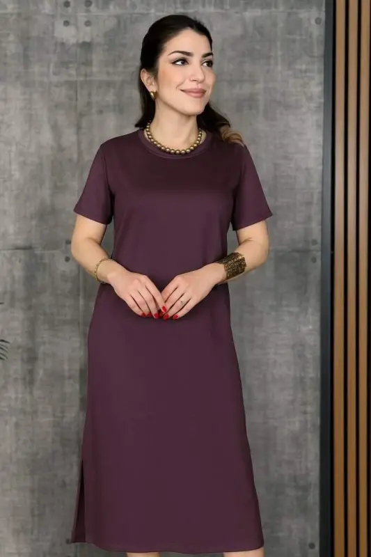 Women's Short Sleeve Crew Neck Slit Viscose Two Thread Dress - 2