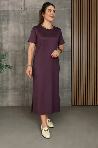 Women's Short Sleeve Crew Neck Slit Viscose Two Thread Dress - 3