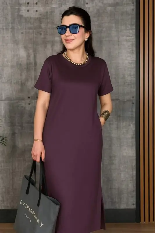 Women's Short Sleeve Crew Neck Slit Viscose Two Thread Dress - 4