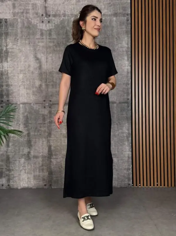 Women's Short Sleeve Crew Neck Slit Viscose Two Thread Dress - 1