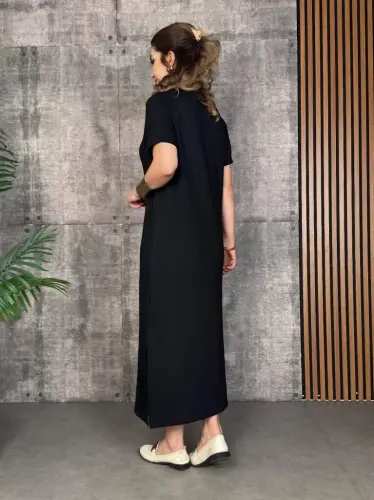Women's Short Sleeve Crew Neck Slit Viscose Two Thread Dress - 3