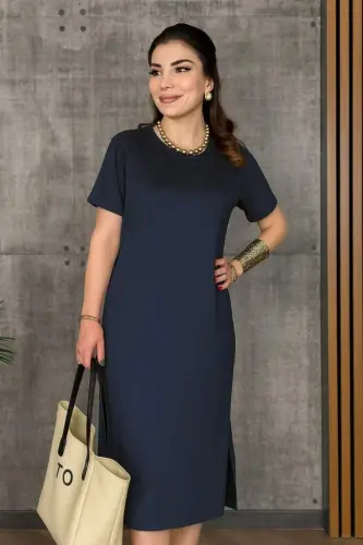 Women's Short Sleeve Crew Neck Slit Viscose Two Thread Dress - 1