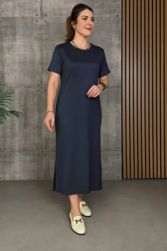 Women's Short Sleeve Crew Neck Slit Viscose Two Thread Dress - 2