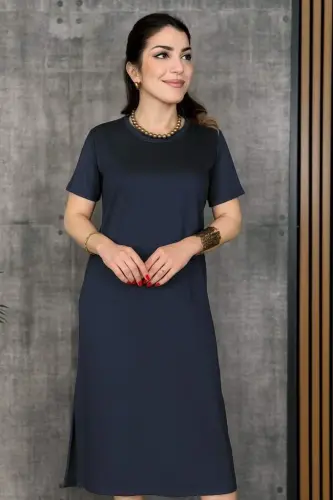 Women's Short Sleeve Crew Neck Slit Viscose Two Thread Dress - 3