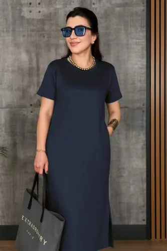 Women's Short Sleeve Crew Neck Slit Viscose Two Thread Dress - 4