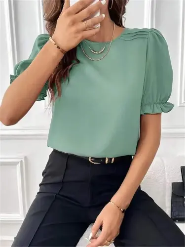 Women's Short Sleeve Crew Neck Smocked Sleeves Imported Crepe Blouse - 1