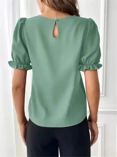 Women's Short Sleeve Crew Neck Smocked Sleeves Imported Crepe Blouse - 2