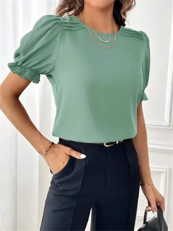 Women's Short Sleeve Crew Neck Smocked Sleeves Imported Crepe Blouse - 4