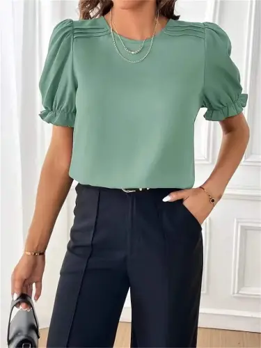 Women's Short Sleeve Crew Neck Smocked Sleeves Imported Crepe Blouse - 5
