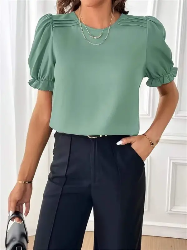Women's Short Sleeve Crew Neck Smocked Sleeves Imported Crepe Blouse - 5