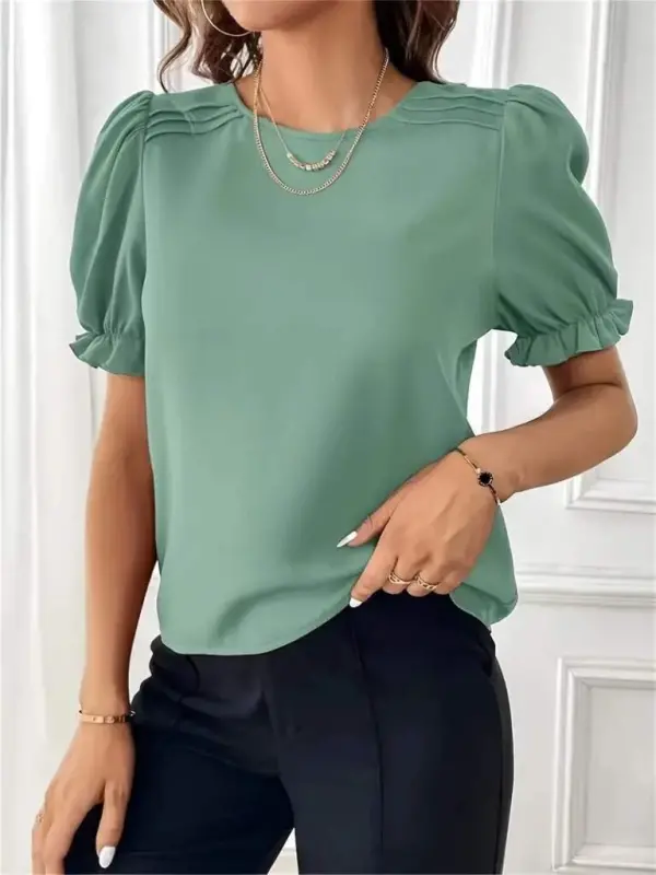 Women's Short Sleeve Crew Neck Smocked Sleeves Imported Crepe Blouse - 6