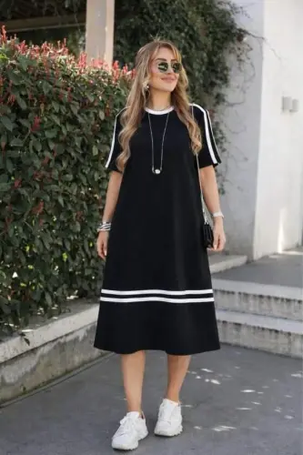 Women's Short Sleeve Crew Neck Striped Detail Midi Viscose Dress - 1