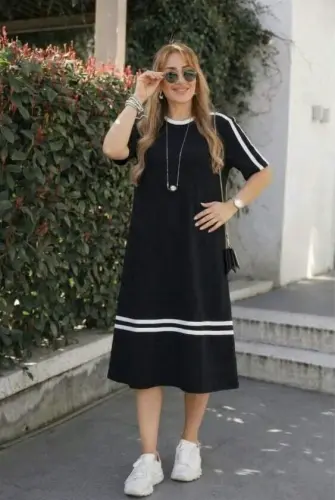 Women's Short Sleeve Crew Neck Striped Detail Midi Viscose Dress - BÜYÜKBEDENIZ (1)