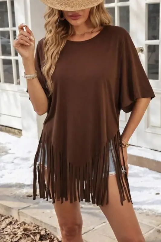 Women's Short Sleeve Crew Neck Tasseled Viscose Blouse - BÜYÜKBEDENIZ