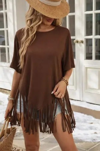 Women's Short Sleeve Crew Neck Tasseled Viscose Blouse - 3