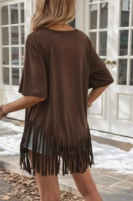 Women's Short Sleeve Crew Neck Tasseled Viscose Blouse - 4