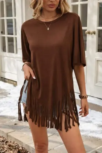 Women's Short Sleeve Crew Neck Tasseled Viscose Blouse - 5