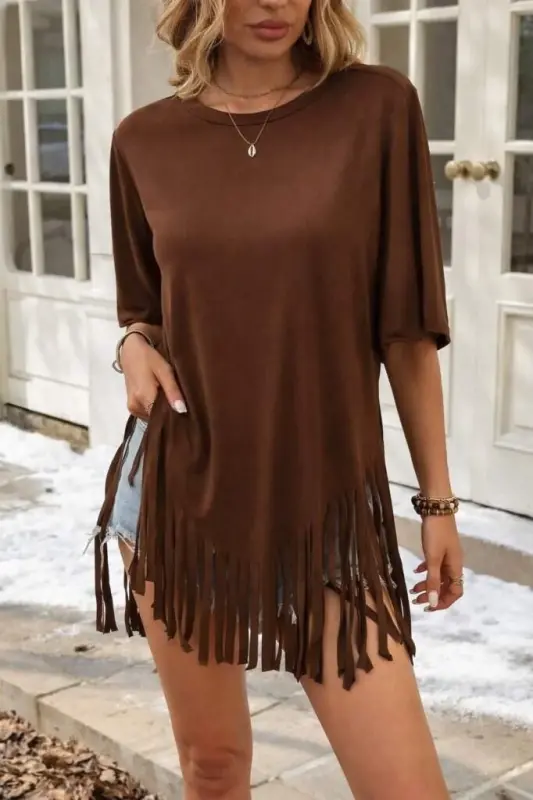 Women's Short Sleeve Crew Neck Tasseled Viscose Blouse - 5