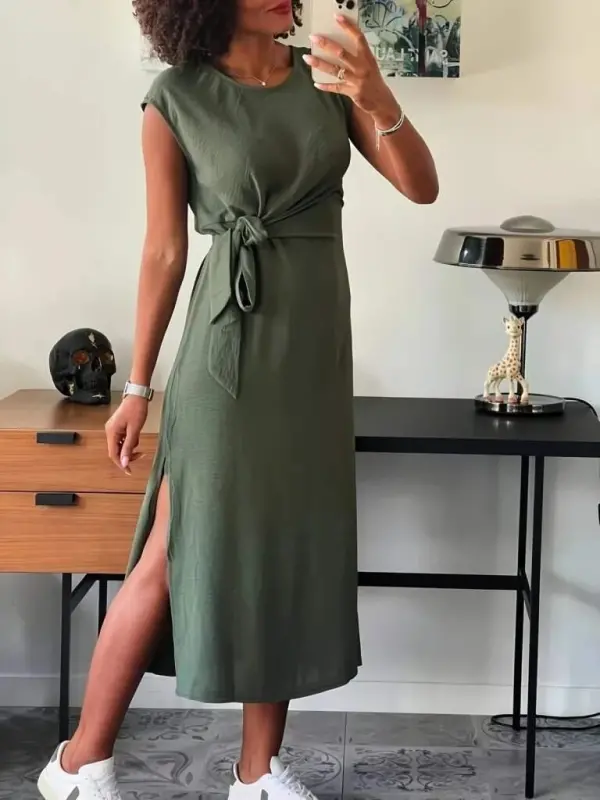 Women's Short Sleeve Crew Neck Tie Waist Slit Front Aerobin Dress - BÜYÜKBEDENIZ