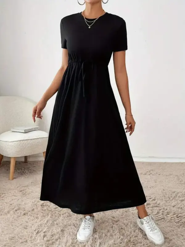 Women's Short Sleeve Crew Neck Tie-Waist Viscose Dress with Pockets - BÜYÜKBEDENIZ