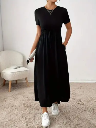 Women's Short Sleeve Crew Neck Tie-Waist Viscose Dress with Pockets - 5