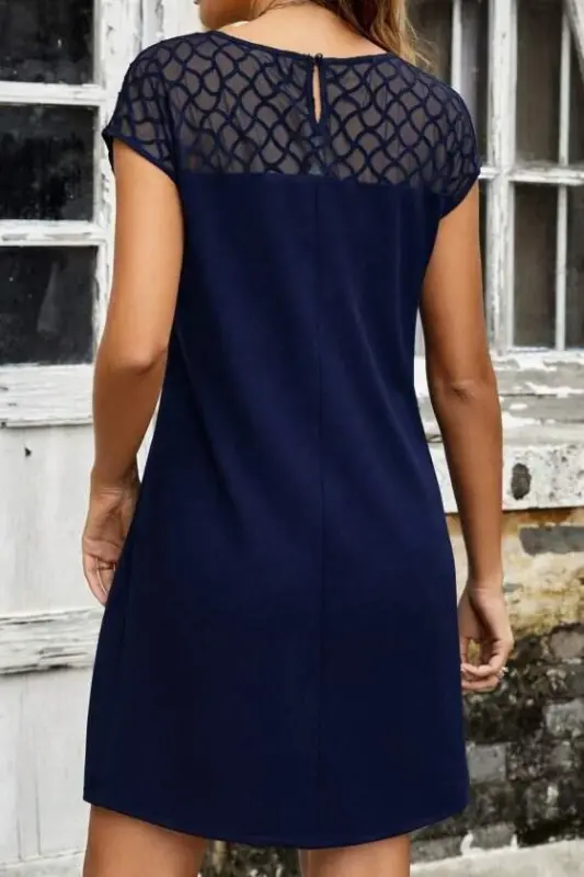 Women's Short Sleeve Crew Neck Tulle Detailed Short Chiffon Dress - 4