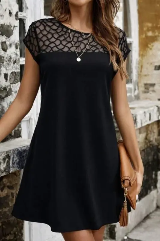 Women's Short Sleeve Crew Neck Tulle Detailed Short Chiffon Dress - 1
