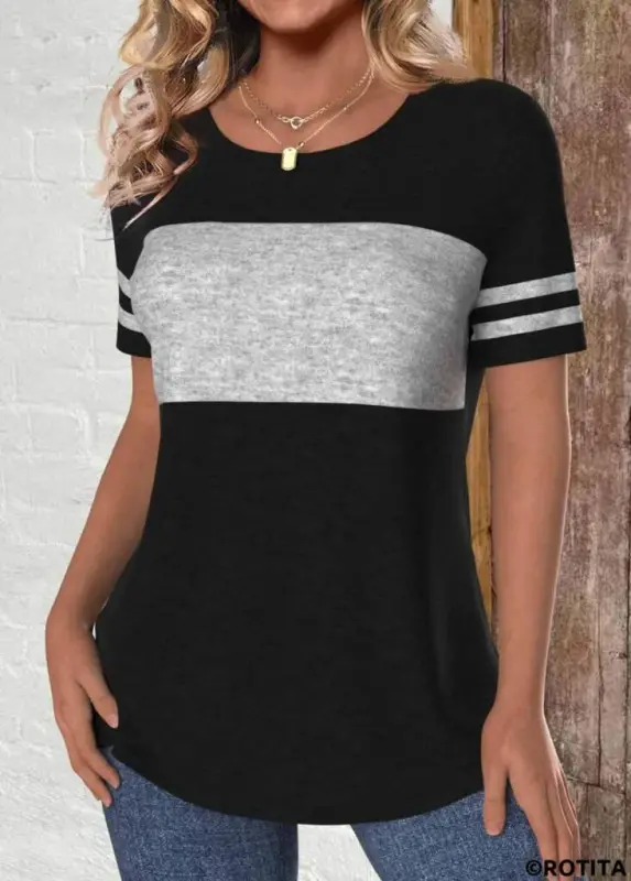 Women's Short Sleeve Crew Neck Two-Color Viscose Blouse - 3