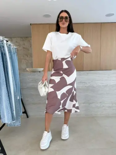 Women's Short Sleeve Crew Neck Viscose Blouse and Patterned Süprem Skirt Set - 5