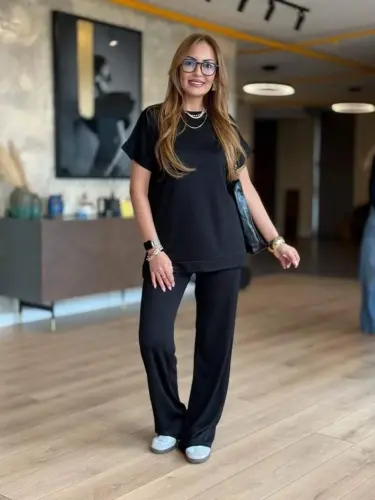 Women's Short Sleeve Crew Neck Viscose Two Thread Blouse and Pants Set - 5