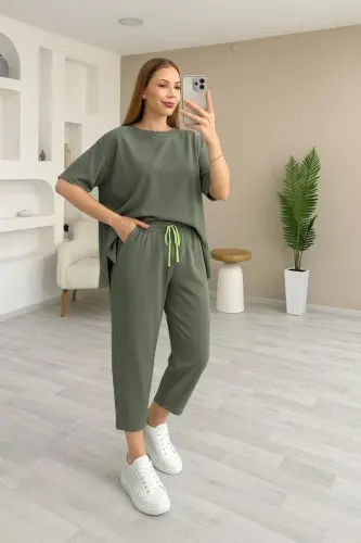 Women's Short Sleeve Crew Neck Viscose Two Thread Blouse and Pants Set - 3
