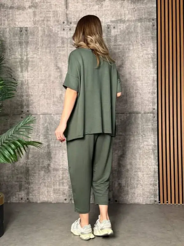 Women's Short Sleeve Crew Neck Viscose Two Thread Blouse and Pants Set - 3