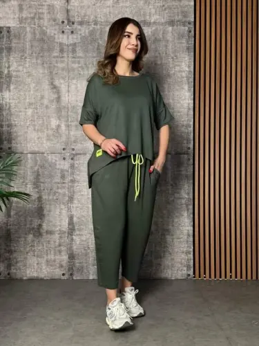 Women's Short Sleeve Crew Neck Viscose Two Thread Blouse and Pants Set - 4