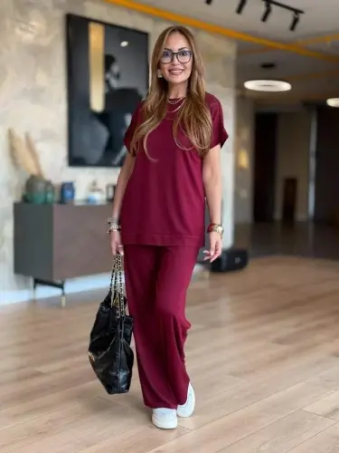 Women's Short Sleeve Crew Neck Viscose Two Thread Blouse and Pants Set - BÜYÜKBEDENIZ (1)