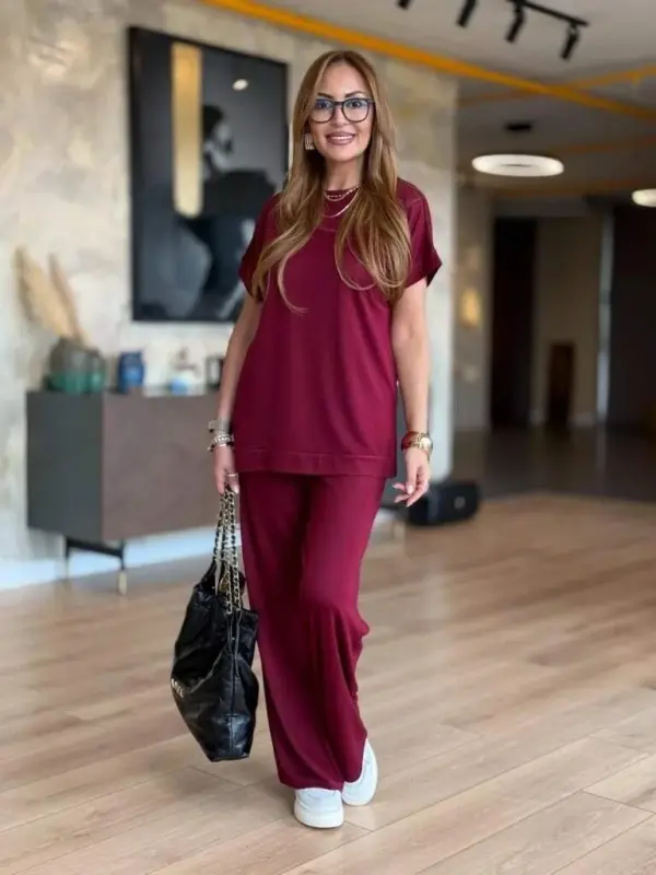 Women's Short Sleeve Crew Neck Viscose Two Thread Blouse and Pants Set - 2