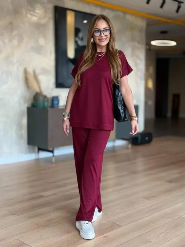 Women's Short Sleeve Crew Neck Viscose Two Thread Blouse and Pants Set - 4