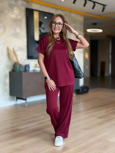 Women's Short Sleeve Crew Neck Viscose Two Thread Blouse and Pants Set - 5