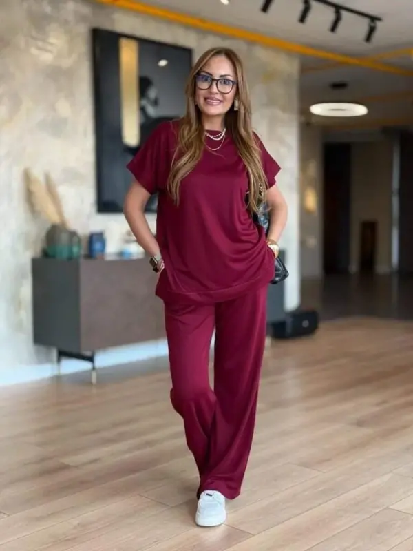 Women's Short Sleeve Crew Neck Viscose Two Thread Blouse and Pants Set - 6