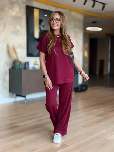 Women's Short Sleeve Crew Neck Viscose Two Thread Blouse and Pants Set - 3